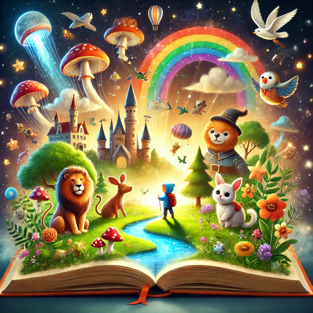 An open children's book with vibrant illustrations bursting out, featuring friendly talking animals, a young adventurer, and a whimsical landscape with castles and floating islands. The scene glows warmly, evoking a sense of wonder and imagination, perfect for inspiring aspiring children's book authors.